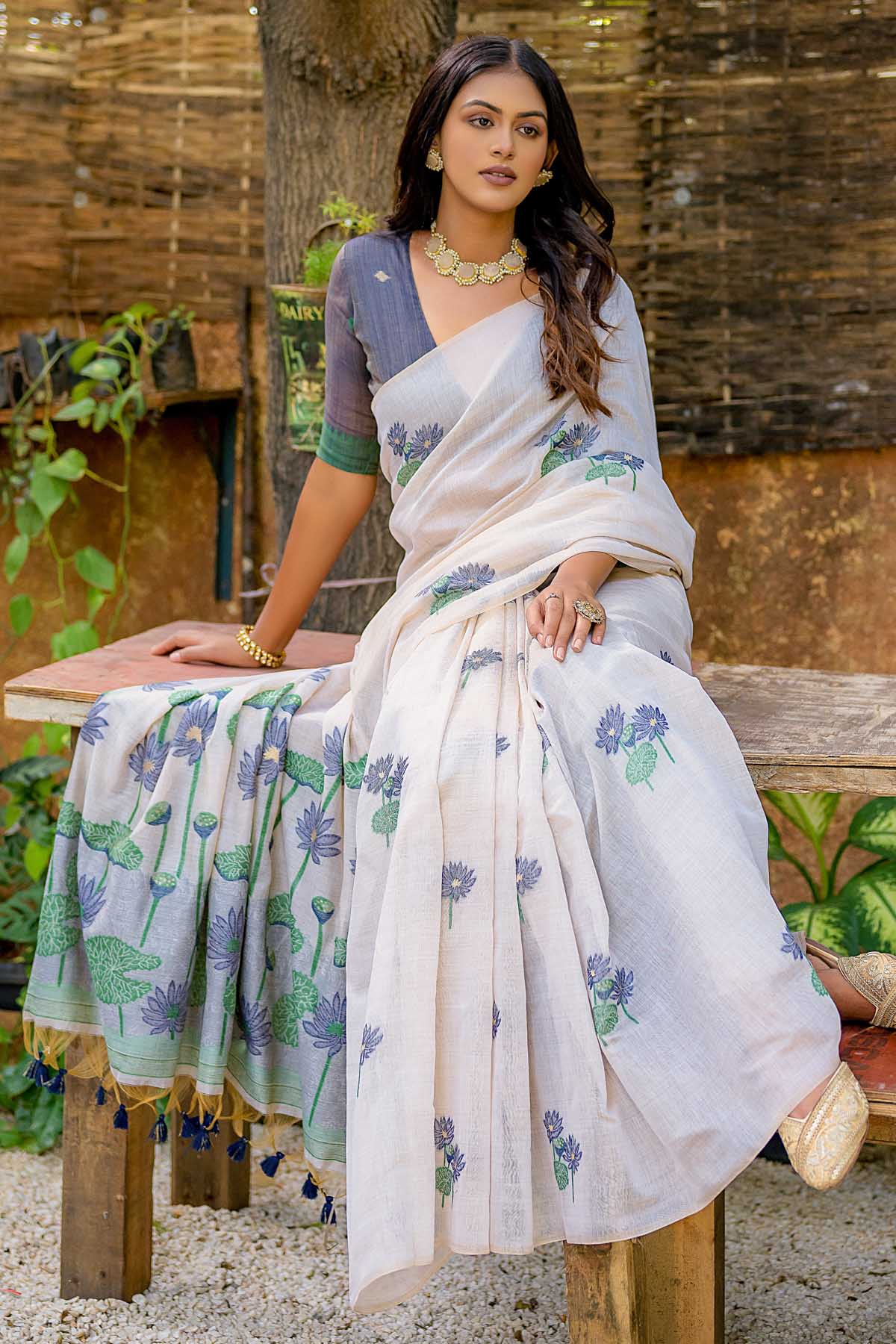 Buy Designer Off-White Lotus Cotton Saree Online